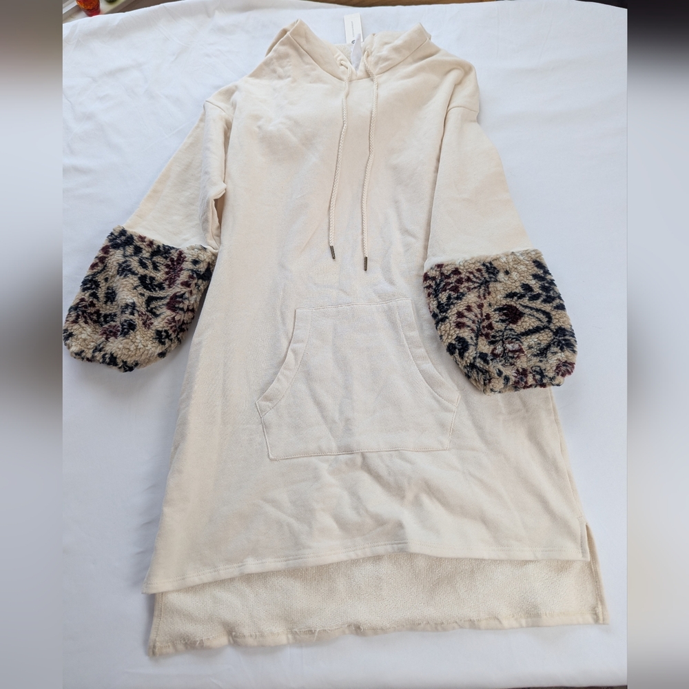 Anthropologie Cream Mini Hoodie Dress with Patterned Fluffy Fleece Sleeves